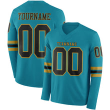 Load image into Gallery viewer, Custom Teal Black-Old Gold Long Sleeve Authentic Football Jersey