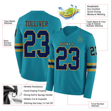 Load image into Gallery viewer, Custom Teal Navy-Old Gold Long Sleeve Authentic Football Jersey