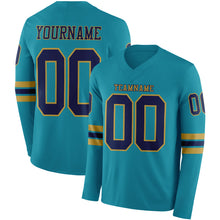 Load image into Gallery viewer, Custom Teal Navy-Old Gold Long Sleeve Authentic Football Jersey