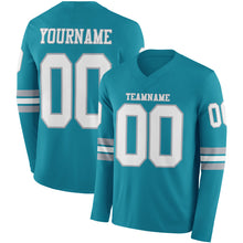 Load image into Gallery viewer, Custom Teal White-Gray Long Sleeve Authentic Football Jersey