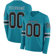 Load image into Gallery viewer, Custom Teal Black-Gray Long Sleeve Authentic Football Jersey