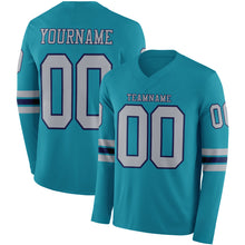 Load image into Gallery viewer, Custom Teal Gray-Navy Long Sleeve Authentic Football Jersey