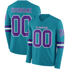 Load image into Gallery viewer, Custom Teal Purple-White Long Sleeve Authentic Football Jersey