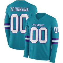 Load image into Gallery viewer, Custom Teal White-Purple Long Sleeve Authentic Football Jersey
