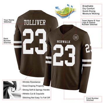 Custom Brwon White Long Sleeve Authentic Football Jersey