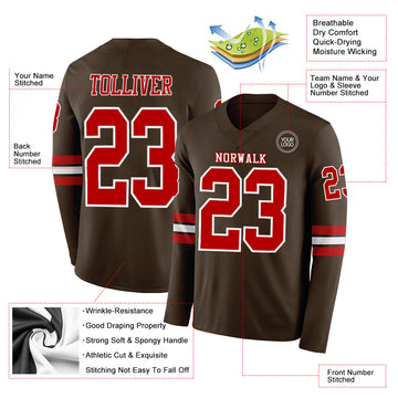 Custom Brwon Red-White Long Sleeve Authentic Football Jersey