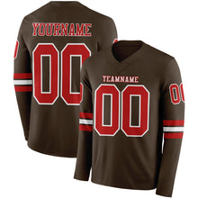 Load image into Gallery viewer, Custom Brwon Red-White Long Sleeve Authentic Football Jersey