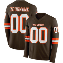 Load image into Gallery viewer, Custom Brwon White-Orange Long Sleeve Authentic Football Jersey