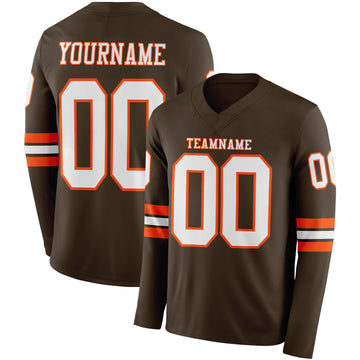 Custom Brwon White-Orange Long Sleeve Authentic Football Jersey