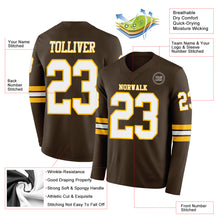 Load image into Gallery viewer, Custom Brwon White-Gold Long Sleeve Authentic Football Jersey
