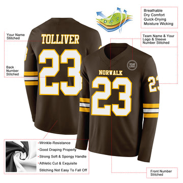 Custom Brwon White-Gold Long Sleeve Authentic Football Jersey