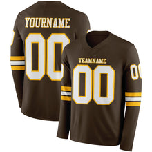 Load image into Gallery viewer, Custom Brwon White-Gold Long Sleeve Authentic Football Jersey