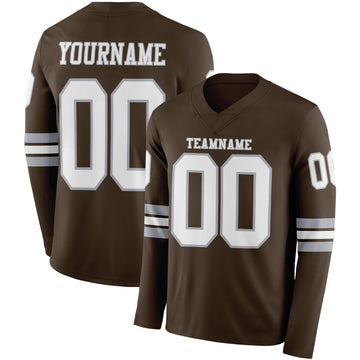 Custom Brwon White-Gray Long Sleeve Authentic Football Jersey