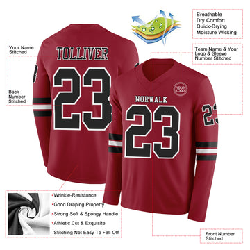 Custom Cardinal Black-White Long Sleeve Authentic Football Jersey
