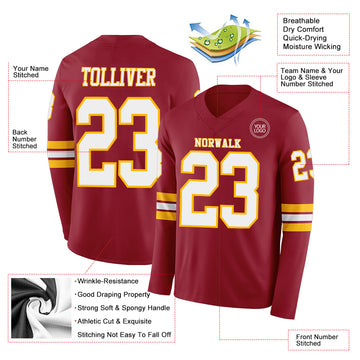 Custom Cardinal White-Gold Long Sleeve Authentic Football Jersey