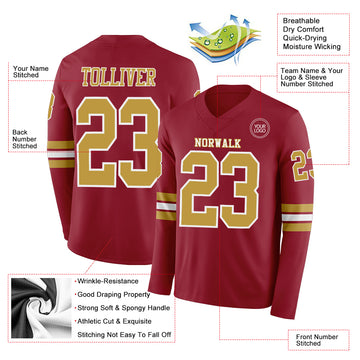 Custom Cardinal Old Gold-White Long Sleeve Authentic Football Jersey