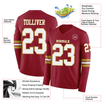 Custom Cardinal White-Old Gold Long Sleeve Authentic Football Jersey
