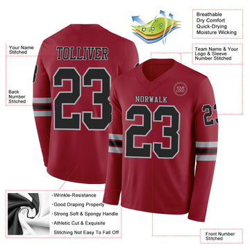 Custom Cardinal Black-Gray Long Sleeve Authentic Football Jersey