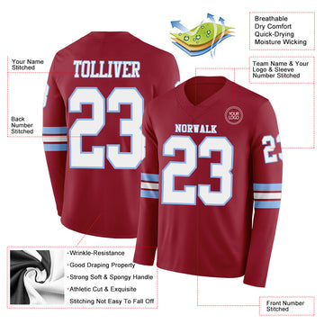 Custom Cardinal White-Light Blue Long Sleeve Authentic Football Jersey