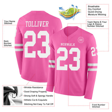 Custom Pink White Long Sleeve Authentic Football Jersey
