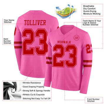 Custom Pink Red Long Sleeve Authentic Football Jersey