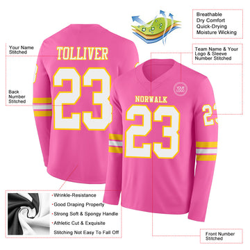 Custom Pink White-Yellow Long Sleeve Authentic Football Jersey
