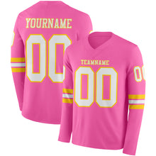 Load image into Gallery viewer, Custom Pink White-Yellow Long Sleeve Authentic Football Jersey