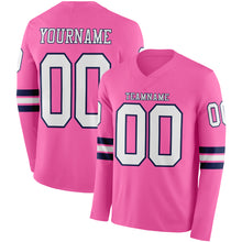 Load image into Gallery viewer, Custom Pink White-Navy Long Sleeve Authentic Football Jersey
