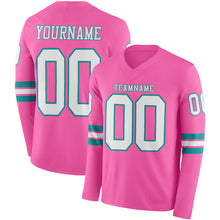 Load image into Gallery viewer, Custom Pink White-Teal Long Sleeve Authentic Football Jersey