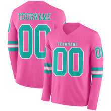 Load image into Gallery viewer, Custom Pink Aqua-White Long Sleeve Authentic Football Jersey
