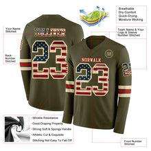 Load image into Gallery viewer, Custom Olive Vintage USA Flag Cream-Red Long Sleeve Salute To Service Authentic Football Jersey