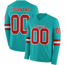 Load image into Gallery viewer, Custom Aqua Red-White Long Sleeve Authentic Football Jersey