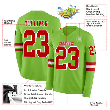 Custom Neon Green Red-White Long Sleeve Authentic Football Jersey