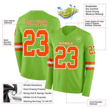 Custom Neon Green Orange-White Long Sleeve Authentic Football Jersey