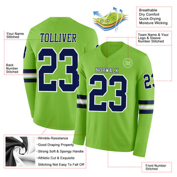Custom Neon Green Navy-White Long Sleeve Authentic Football Jersey