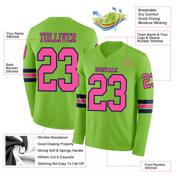 Custom Neon Green Pink-Navy Long Sleeve Authentic Football Jersey