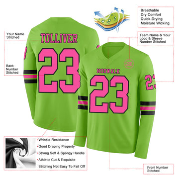 Custom Neon Green Pink-Black Long Sleeve Authentic Football Jersey