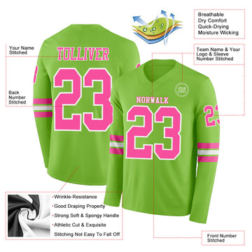 Custom Neon Green Pink-White Long Sleeve Authentic Football Jersey