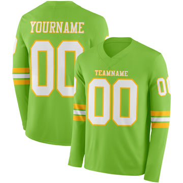 Custom Neon Green White-Gold Long Sleeve Authentic Football Jersey