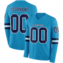 Charger l'image dans la galerie, Custom Panther Blue Navy-White Long Sleeve Authentic Football Jersey