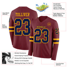 Load image into Gallery viewer, Custom Burgundy Navy-Gold Long Sleeve Authentic Football Jersey