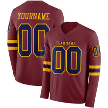Load image into Gallery viewer, Custom Burgundy Navy-Gold Long Sleeve Authentic Football Jersey