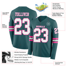 Load image into Gallery viewer, Custom Midnight Green White-Pink Long Sleeve Authentic Football Jersey
