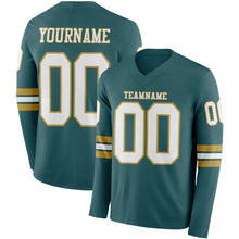 Load image into Gallery viewer, Custom Midnight Green White-Old Gold Long Sleeve Authentic Football Jersey