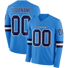 Load image into Gallery viewer, Custom Powder Blue Navy-White Long Sleeve Authentic Football Jersey