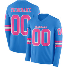 Load image into Gallery viewer, Custom Powder Blue Pink-White Long Sleeve Authentic Football Jersey