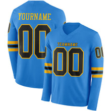 Laden Sie das Bild in den Galerie-Viewer, Custom Powder Blue Black-Gold Long Sleeve Authentic Football Jersey
