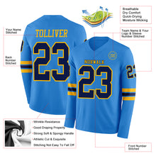 Load image into Gallery viewer, Custom Powder Blue Navy-Gold Long Sleeve Authentic Football Jersey