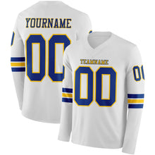 Load image into Gallery viewer, Custom White Royal-Yellow Long Sleeve Authentic Football Jersey