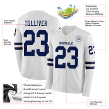 Load image into Gallery viewer, Custom White Navy Long Sleeve Authentic Football Jersey